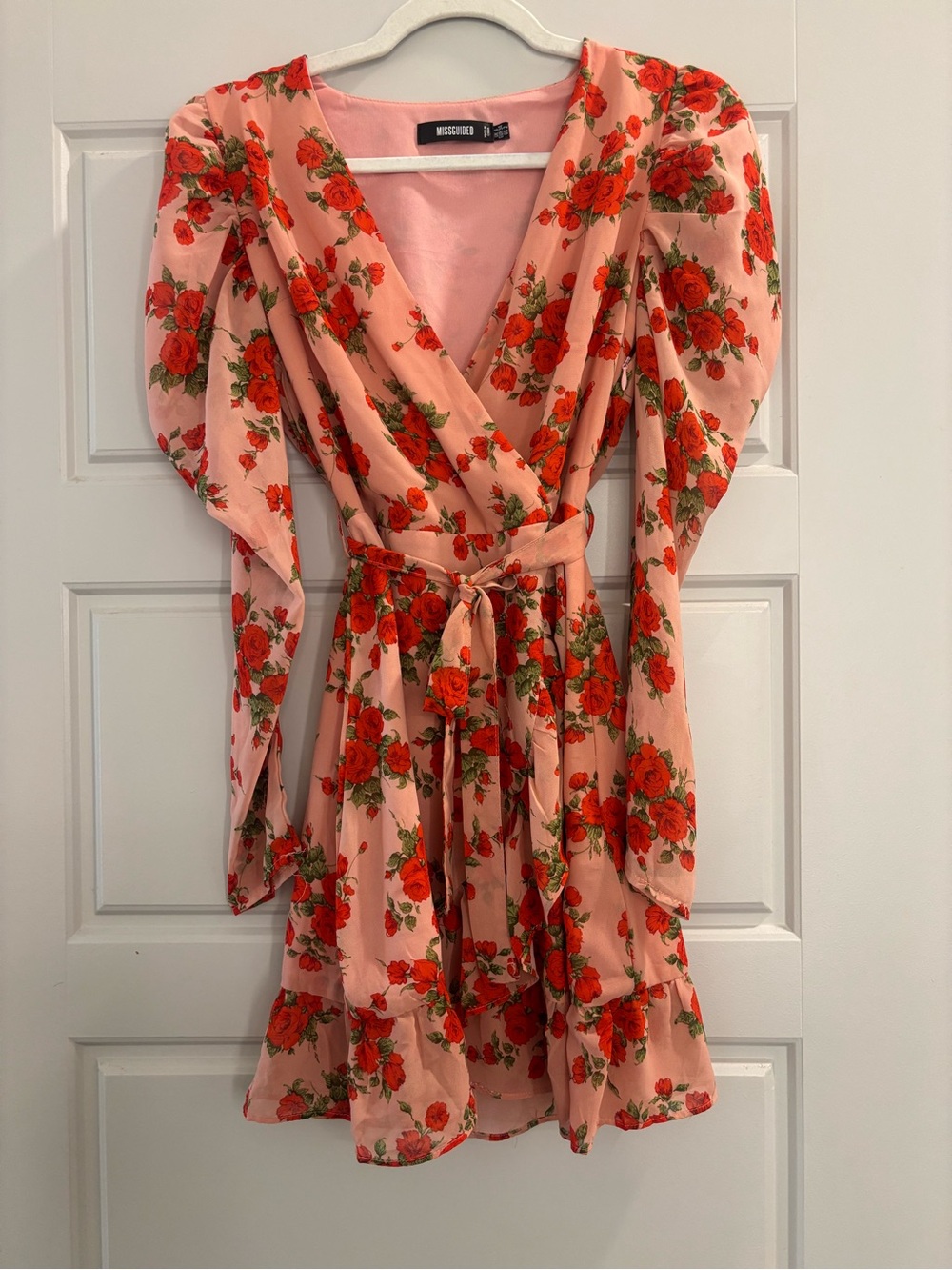 Missguided Pink Floral Wrap Dress with Red Rose Print